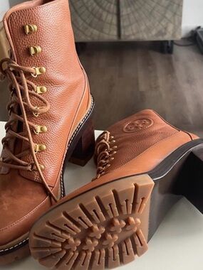 Tory Burch Cognac Leather Lace-Up Block Heel Boots